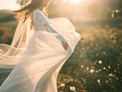 A bride spinning in her dress moments after saying yes, pure uncontained happiness