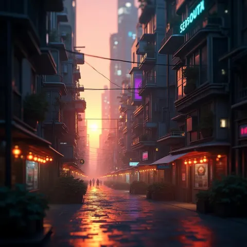 Cyberpunk Cityscape Glowing at Golden Hour