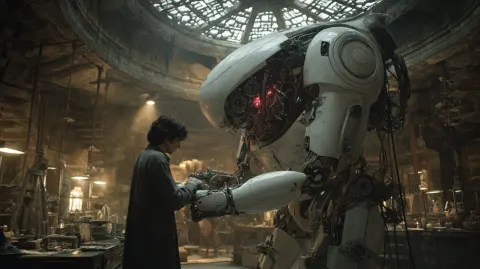 A human building a robot in secret, in a lab, in the style of the dune latest movies