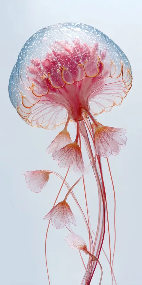 A photo of a beautiful flower, looking like a jellyfish, in powderpastel tones of pink, aqua