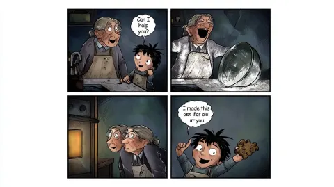 A 4-panel square format comic strip with photographic style