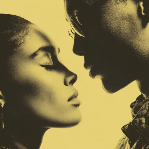 A photography stylisée of close-up of the side profile forehead to forehead of a young light-skinned