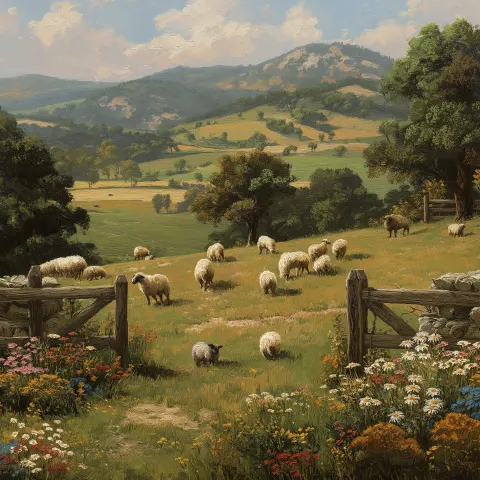 A serene pastoral scene depicts attentive sheepdogs herding a flock of woolly sheep across a lush