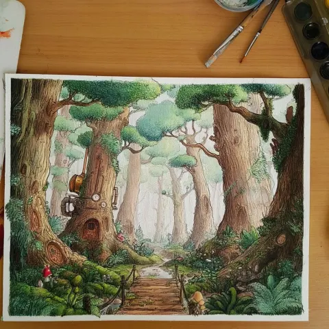 A steampunk forest in pastel