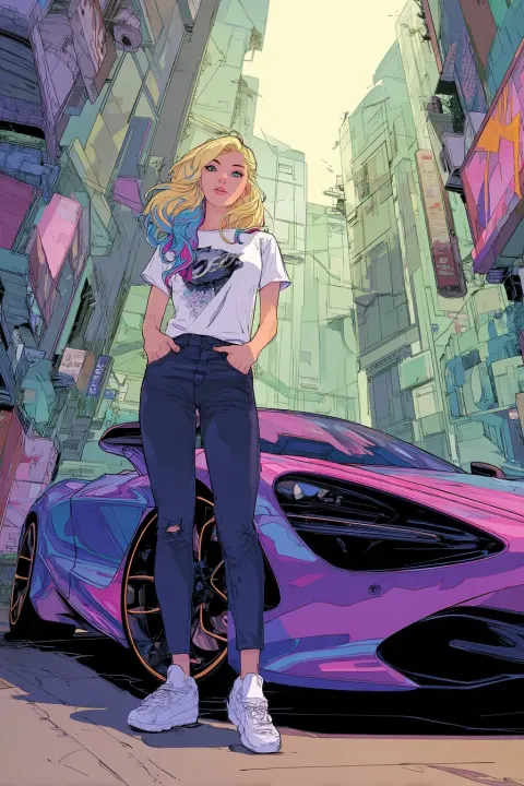 A young woman with blonde hair and blue-pink streaks, wearing black jeans and a white t-shirt