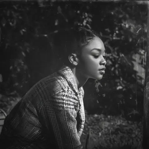 Black and white photo, lonely young black woman man, looking sad, distraught, lost, moody, gritty