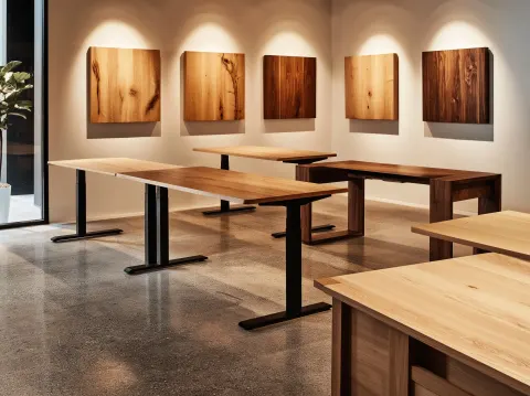 Close-up interior of a premium wood furniture showroom, multiple desk configurations on display