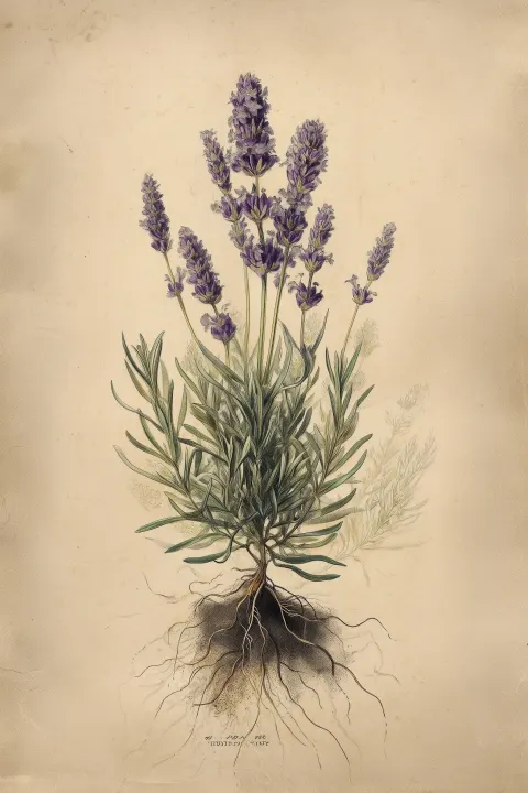 Detailed botanical illustration of a Lavender (Lavandula angustifolia)