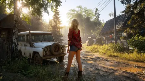Game screenshot. A blonde girl in a red plaid shirt and shorts is standing with her back to the came