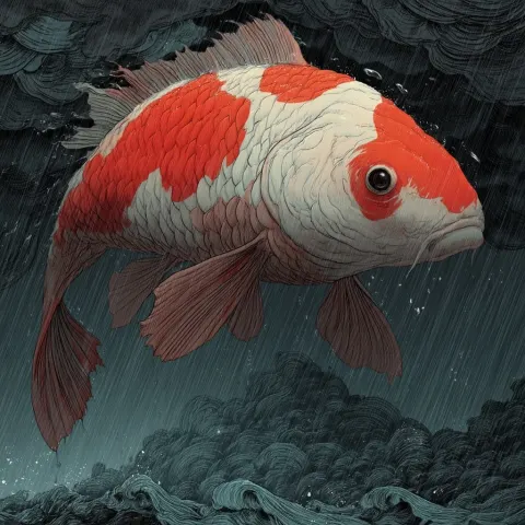 Koi , monster, monster design, rain, tempest, storm, powerful, imposing, creature design