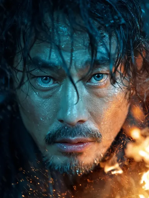 Extreme Close-up of a Rugged Man Between Fire and Rain