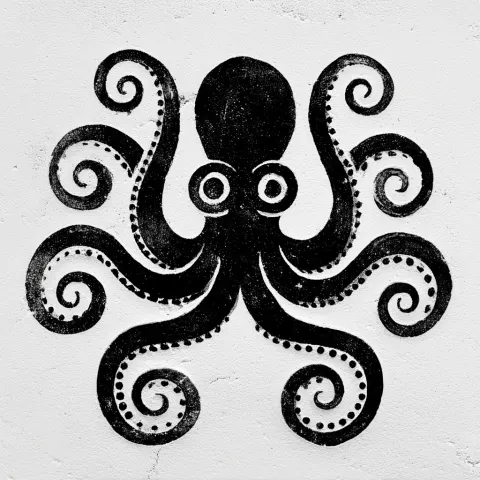 Museum catalog illustration like logo of a front-facing archaic Greek octopus