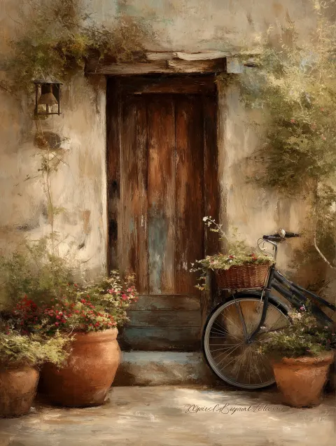 Thomas kinkade inspired, extreme close up image of a aged wooden door set in a textured stone wall