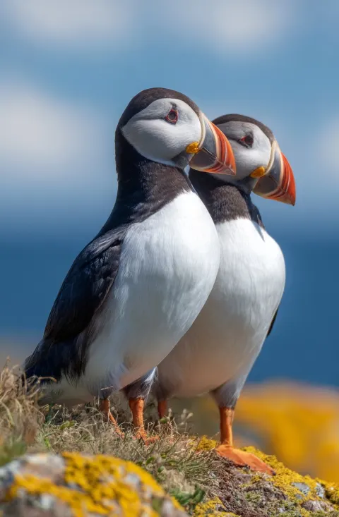 Two puffins, one standing on the other's back and holding its head with its beak