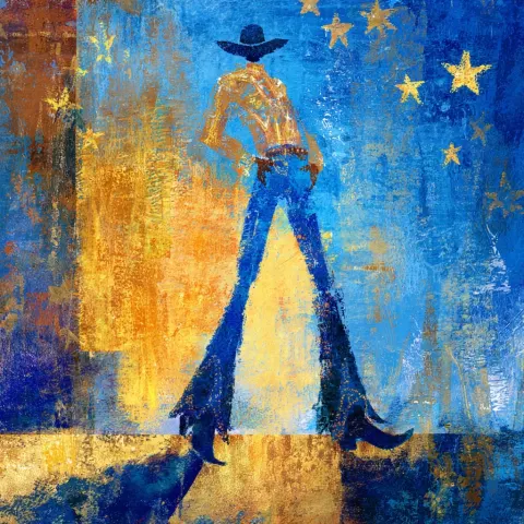 Viewed from a low-angle perspective, the image accentuates the cowboy's remarkably long legs and ove