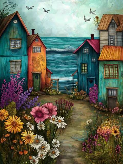 Whimsical spring, cozy village, ocean, flowers, very detailed style of catrain stein weitz