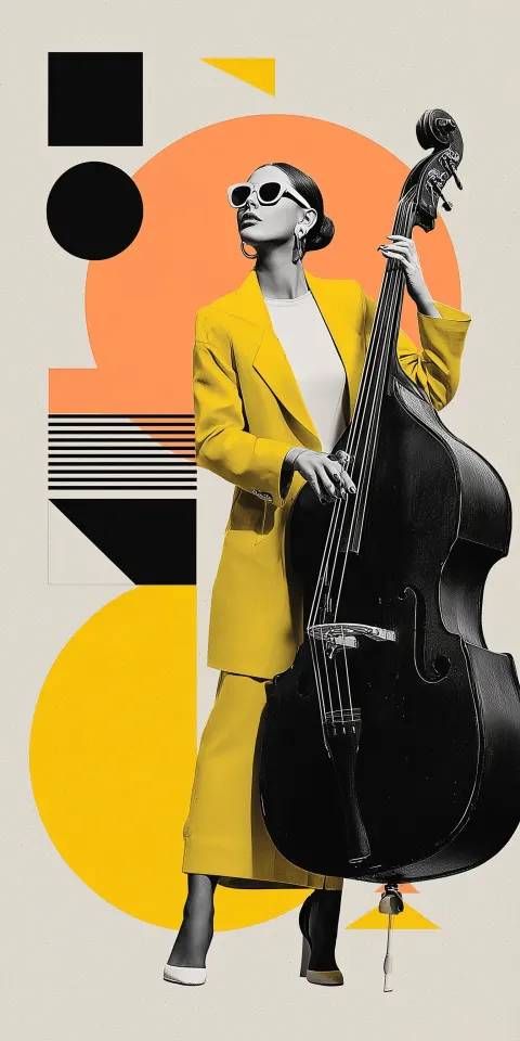 Woman with sunglasses playing contra bass, full body view, music theme hyper-realistic, fantasy