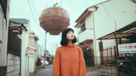 A cinematic shot of a young woman standing in a Japanese suburban street