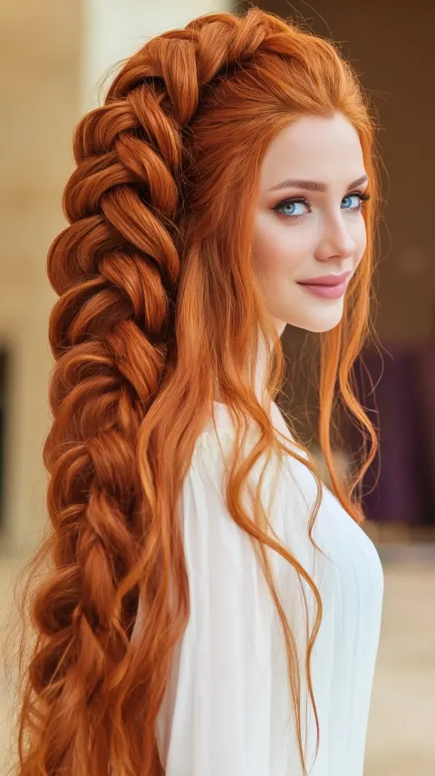 A cute ginger woman over 25, light-colored dark-ringed eyes