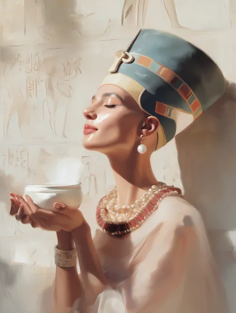 A high-detail, profile portrait of a beautiful, blissful Egyptian-style royal woman