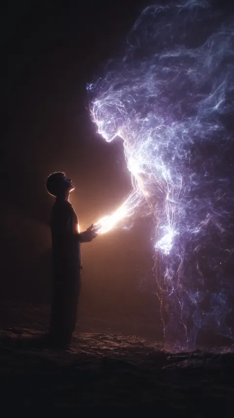 A human making an energetic connection with someone from the underworld Ethereal, spiritual healing.