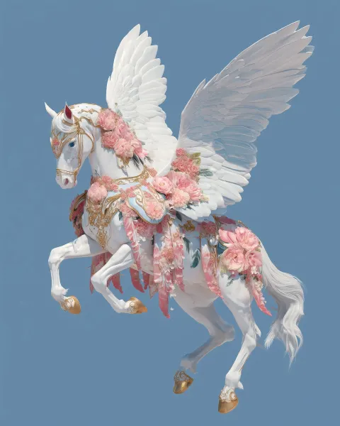 A pure blue background, a complete white horse with wings