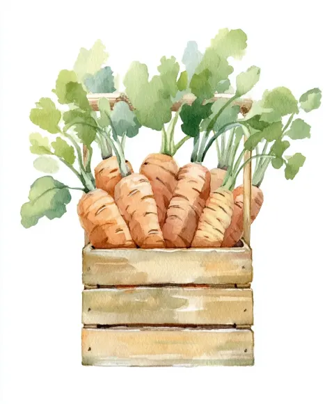Carrots in a wooden fruit box. Cute clip art illustration