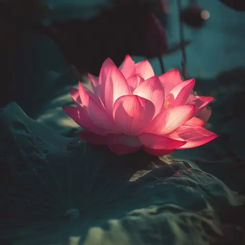 Create a minimal style realistic pink lotus flower gather in its leaves.