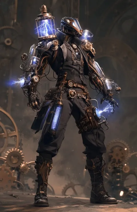 Character illustration of a sci-fi game monster. the monster is humanoid steampunk cyborg. he is tal