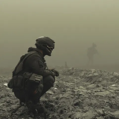 Dystopian wasteland made of shattered glass terrain, fine glass dust drifting in the air like fog