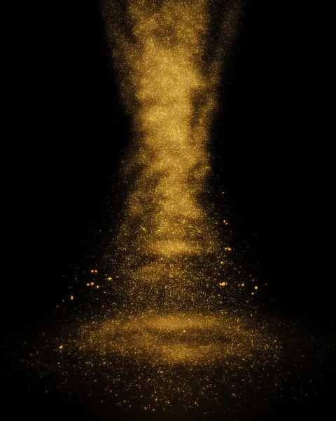 Golden effervescent carbonation particles softly spreading upward from a narrow lower center