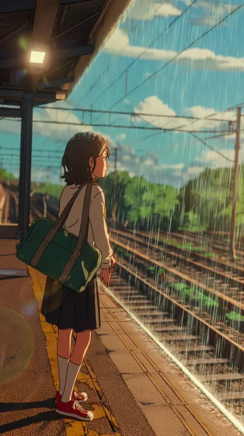 Japanese anime movie style scene. A girl stands at the edge of a train station platform