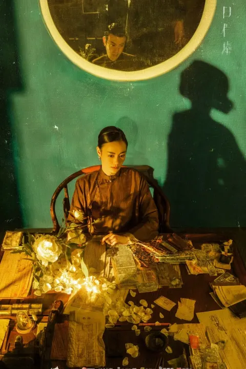 Late Qing dynasty romantic business drama movie poster, slightly top-down view
