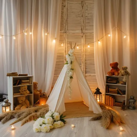 Romantic boho room, with a white teepee on its center, with some bookcases