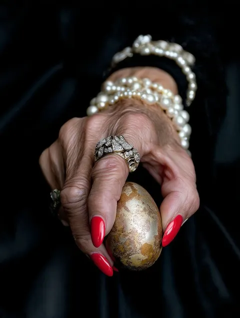 Old womens hand with expensive jewellery with pearls and diamonds, red nails