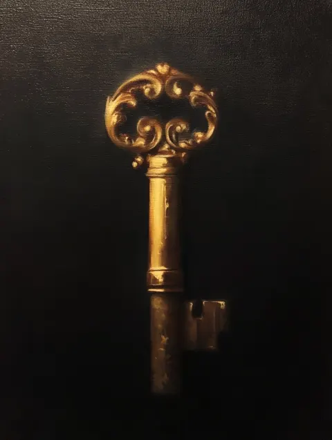 Single antique brass skeleton key, ornamental baroque scroll bow, realistic oil painting style