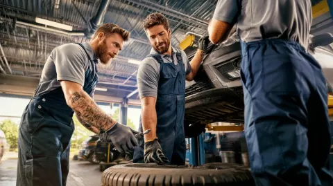 Stock style, hyper realistic, high quality photo, service team in garage moving parts and tools