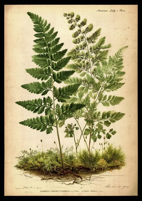 Vintage botanical illustration, "subscribe to my channel for more illustrations of ferns and other p