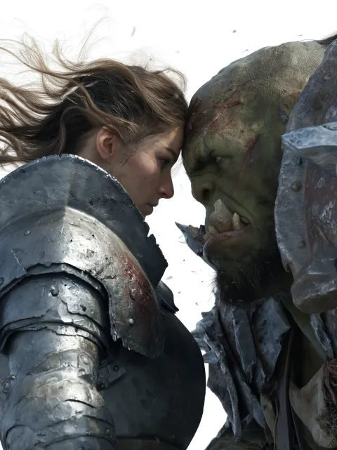 A cinematic ultra-realistic close-up confrontation between a female knight and a massive orc