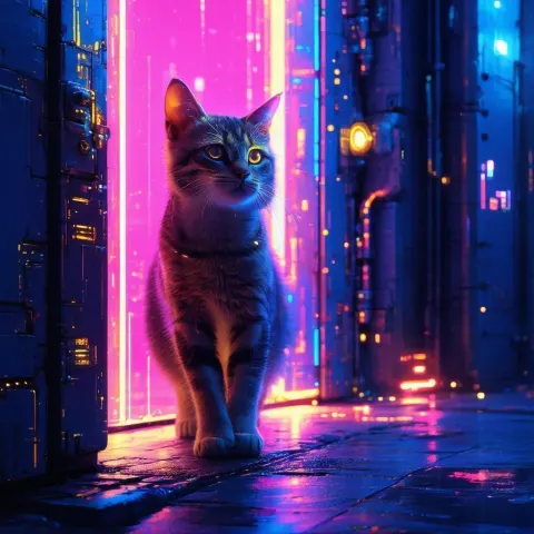 Neon Tabby Cat Steps Through Glowing Door