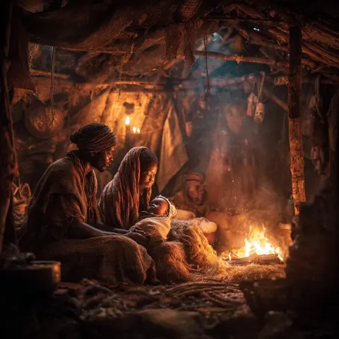 Create a cinematic African village scene inside a traditional hut
