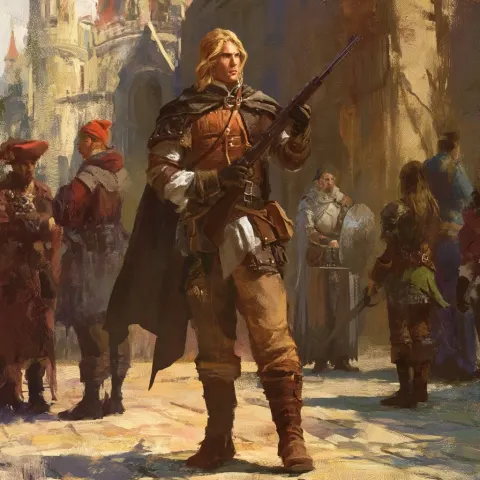 A young man with blonde hair and wearing brown leather armor stands in the center of an ancient city