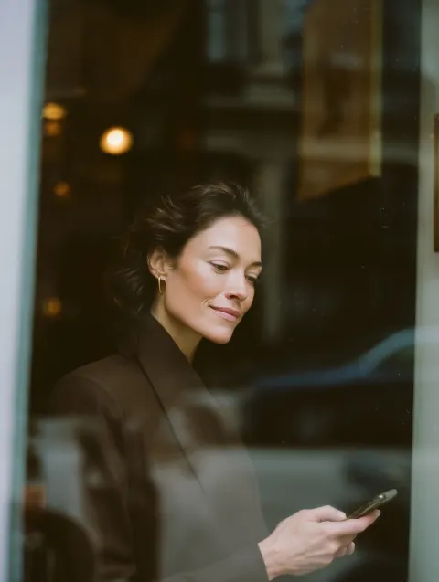 An elegant brown-haired real estate agent, slightly smiling