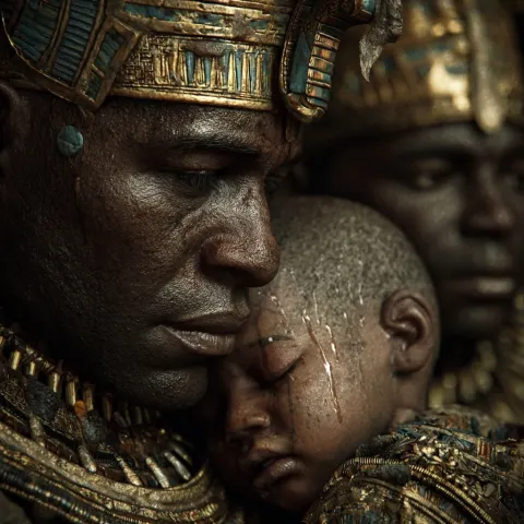 Dark skinned pharaoh, holding his young son in his arms crying. He son is sleeping . The dark skinne