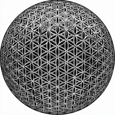 Create clean, high contrast vector line art of a golf ball with dimples in the shape of the flower o