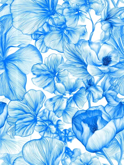Light Blue and White Floral Pattern, Seamless Delicate Floral Toile Line Art Pattern PNG