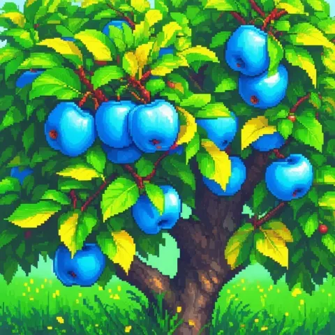 Blue Apples on Yellow Leaves in Pixels