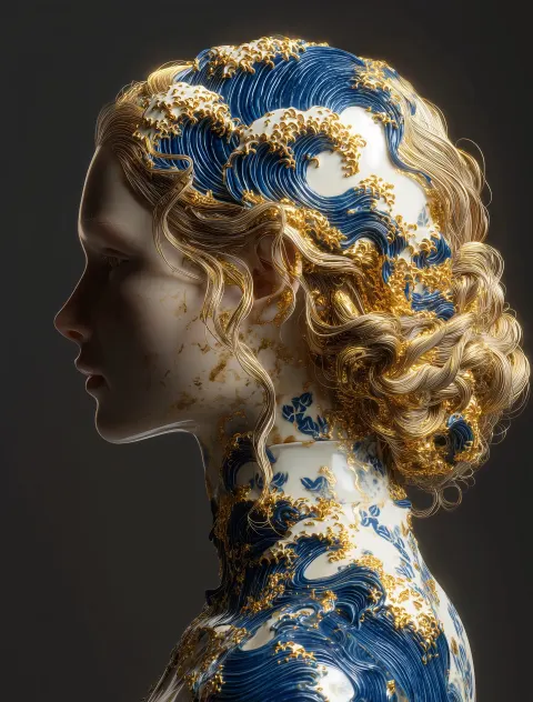 Mujer con olas marinas en el cabello. Imagen clásica, alta definición 3D