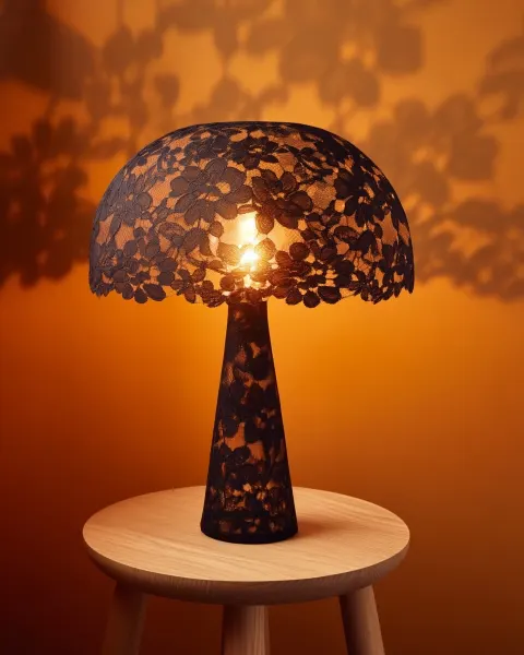Mushroom lamp dome shade and slim stem made entirely of black floral lace