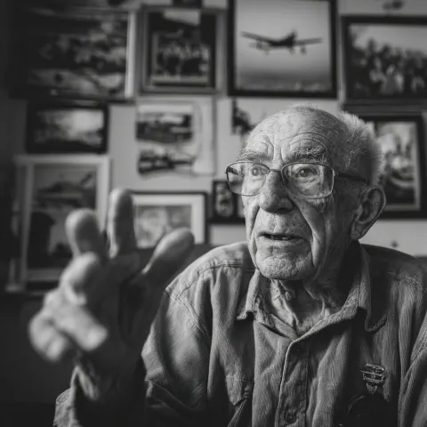 Photo of a grandfather speaking about his time in the service to his familiy